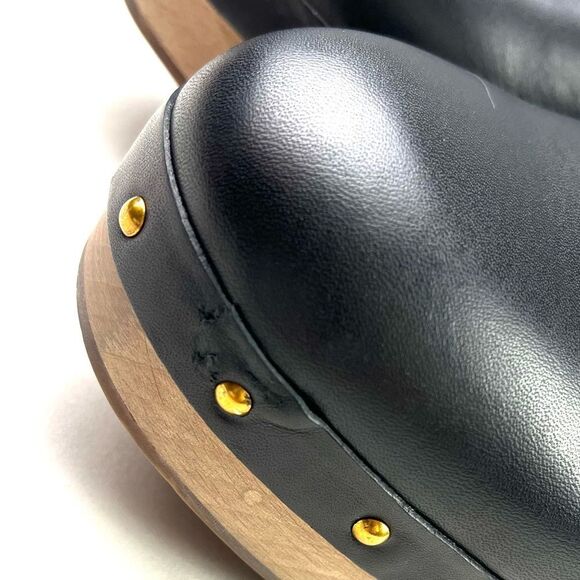 New J. Crew Black Leather Wood Heel Clogs size 7.5 - Picture 9 of 9